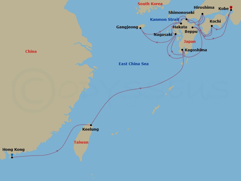 20 Night - Soujourn to Japan - Seven Seas Navigator - Starting in Hong Kong, Cruising the South China Sea, Keelung, Cruising the East China Sea, Kagoshima, Nagasaki, Hakata, Cruising the Kanmon Straits, Shimonoseki, Cruising the Kanmon Straits, Hiroshima, Kochi, Kyoto (Kobe), Kochi, Beppu, Kagoshima, Nagasaki, Gangjeong (Jeju Island), Hakata, Cruising the Kanmon Straits, Hiroshima, Cruising the Seto Inland Sea, Kyoto (Kobe) itinerary map