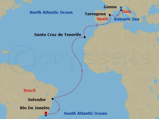 15 Night - Msc Grand Voyages - MSC Divina - Starting in Genoa (Portofino), Italy, Tarragona, Spain, Santa Cruz de Tenerife, Salvador, Brazil, Rio De Janeiro, Brazil itinerary map