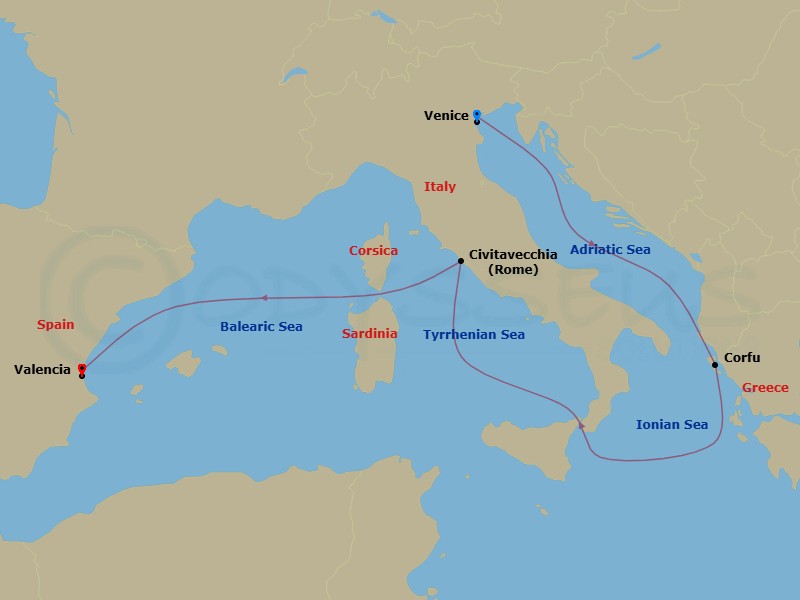 6 Night - Mediterranean - MSC Lirica - Starting in Venice / Marghera, Italy, Corfu, Greece, Civitavecchia (Rome), Italy, Valencia, Spain itinerary map