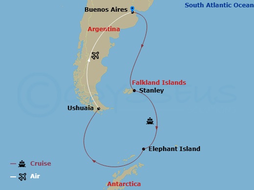 15 Night - Antarctica & the Falkland Islands - Scenic Ikon - Starting in Buenos Aires, Argentina, Falkland Islands, At Sea Cruising Elephant Island, Antarctica, Ushuaia, Argentina / Buenos Aires, Argentina itinerary map