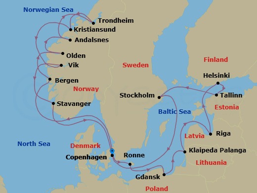 20 Night - Northern Europe Roundtrip from Copenhagen - Silver Dawn - Starting in Copenhagen, Ronne, Gdansk, Klaipeda, Riga, Helsinki, Tallinn, Stockholm, Copenhagen, Bergen, Olden, Andalsnes, Trondheim, Kristiansund, Vik, Stavanger, Copenhagen itinerary map