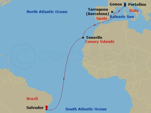 12 Night - Msc Grand Voyages - MSC Divina - Starting in Genoa (Portofino), Italy, Tarragona, Spain, Santa Cruz de Tenerife, Salvador, Brazil itinerary map