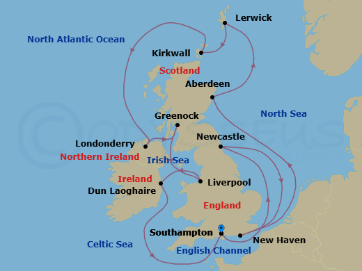 12 Night - Highland Reverie - Seven Seas Voyager - Starting in London (Southampton), Cruising the North Sea, Newcastle UK, Edinburgh (Newhaven), Aberdeen, Lerwick (Shetland Islands), Kirkwall (Orkney Islands), Londonderry, Glasgow (Greenock), Liverpool, Dun Laoghaire, Cruising the Celtic Sea, London (Southampton) itinerary map