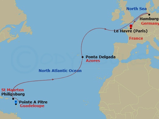 14 Night - East Caribbean - MSC Virtuosa - Starting in Pointe-A-Pitre, Guadeloupe, Philipsburg, Saint Martin, Ponta Delgada (Azores), Portugal, Hamburg, Germany, Le Havre (Paris), France itinerary map