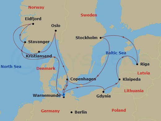 14 Night - Northern Europe - MSC Magnifica - Starting in Warnemunde (Berlin), Germany, Stavanger (Lysefijord), Norway, Eidfjord, Norway, Kristiansand, Norway, Oslo, Norway, Copenhagen, Denmark, Warnemunde (Berlin), Germany, Gdynia (Gdansk), Poland, Klaipeda, Lithuania, Riga, Latvia, Stockholm, Sweden, Copenhagen, Denmark, Warnemunde (Berlin), Germany itinerary map