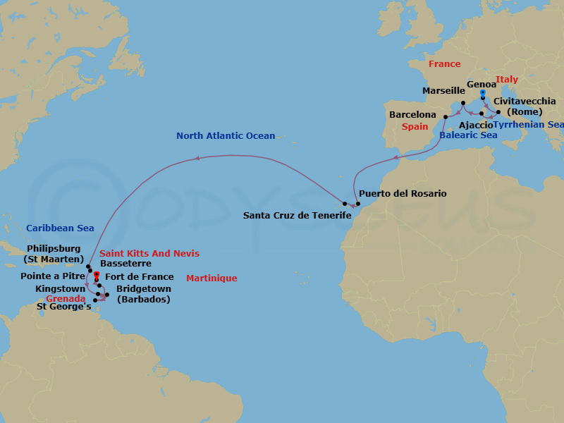 22 Night - Msc Grand Voyages - MSC Seaview - Starting in Genoa (Portofino), Italy, Civitavecchia (Rome), Italy, Ajaccio (Corsica), France, Marseille (Provence), France, Barcelona, Spain, Puerto Del Rosario / Fuerteventura, Spain, Santa Cruz de Tenerife, Philipsburg, St Maarten, Basseterre, St Kitts and Nevis, Kingstown, St Vincent and the Grenadines, Bridgetown, Barbados, Saint Georges, Grenada, Fort-de-France, Martinique, Pointe-A-Pitre, Guadeloupe itinerary map