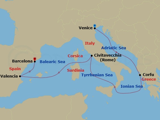 7 Night - Mediterranean - MSC Lirica - Starting in Venice / Marghera, Italy, Corfu, Greece, Civitavecchia (Rome), Italy, Valencia, Spain, Barcelona, Spain itinerary map