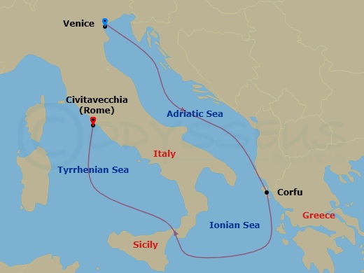 4 Night - Mediterranean - MSC Lirica - Starting in Venice / Marghera, Italy, Corfu, Greece, Civitavecchia (Rome), Italy itinerary map