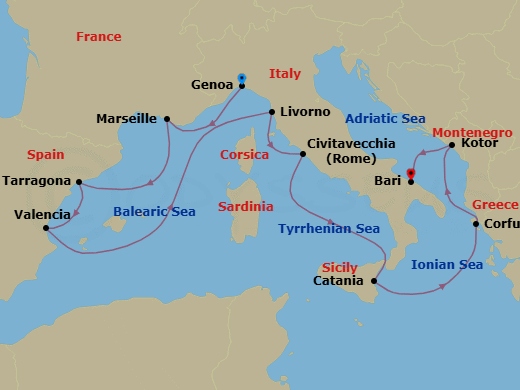 10 Night - Mediterranean - MSC Orchestra - Starting in Genoa (Portofino), Italy, Marseille (Provence), France, Tarragona, Spain, Valencia, Spain, Livorno (Florence), Italy, Civitavecchia (Rome), Italy, Catania, Italy, Corfu, Greece, Kotor, Montenegro, Bari, Italy itinerary map