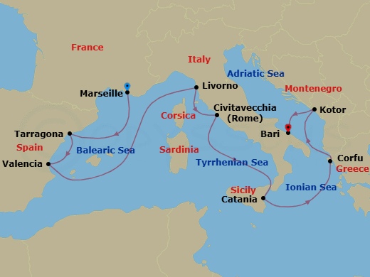 9 Night - Mediterranean - MSC Orchestra - Starting in Marseille (Provence), France, Tarragona, Spain, Valencia, Spain, Livorno (Florence), Italy, Civitavecchia (Rome), Italy, Catania, Italy, Corfu, Greece, Kotor, Montenegro, Bari, Italy itinerary map