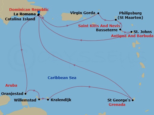 14 Night - South Caribbean - MSC Opera - Starting in La Romana, Dominican Republic, Catalina Island, Dominican Republic, Virgin Gorda, British Virgin Islands, Philipsburg, St Maarten, Basseterre, St Kitts and Nevis, St Johns AG, Antigua, La Romana, Dominican Republic, Catalina Island, Dominican Republic, Oranjestad, Aruba, Willemstad AN, Kralendijk, Bonaire, Saint Georges, Granada, La Romana, Dominican Republic itinerary map