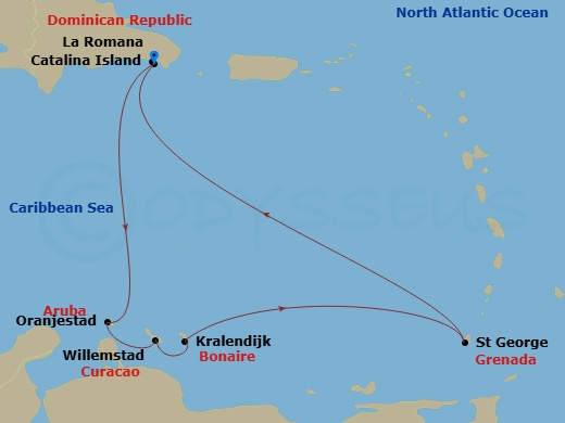 7 Night - South Caribbean - MSC Opera - Starting in La Romana, Dominican Republic, Catalina Island, Dominican Republic, Oranjestad, Aruba, Willemstad AN, Kralendijk, Bonaire, Saint Georges, Grenada, La Romana, Dominican Republic itinerary map