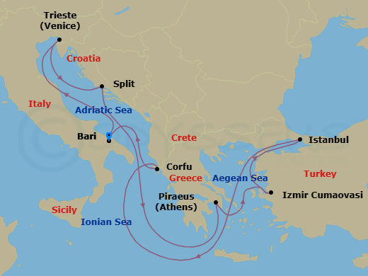 9 Night - Mediterranean - MSC Splendida - Starting in Bari, Italy, Trieste (Venice), Italy, Split, Croatia, Piraeus (Athens), Greece, Izmir (Ephesus), Turkey, Istanbul, Turkey, Corfu, Greece, Bari, Italy itinerary map