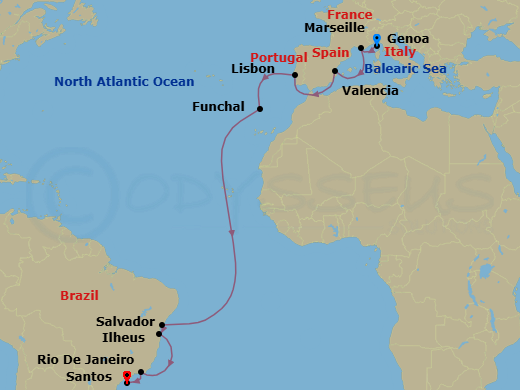 17 Night - Msc Grand Voyages - MSC Musica - Starting in Genoa (Portofino), Italy, Marseille (Provence), France, Valencia, Spain, Lisbon (Cascais), Portugal, Funchal (Madeira Islands), Portugal, Salvador, Brazil, Ilheus, Brazil, Rio De Janeiro, Brazil, Santos (Sao Paulo), Brazil itinerary map