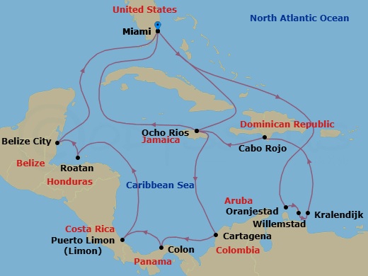 21 Night - Caribbean and Antilles - MSC Poesia - Starting in Miami, Florida, Ocho Rios, Jamaica, Cartagena CO, Colon, Panama, Puerto Limon, Costa Rica, Isla De Roatan, Honduras, Belize City, Belize, Miami, Florida, Oranjestad, Aruba, Willemstad AN, Kralendijk, Bonaire, Cabo Rojo, Dominican Republic, Ocho Rios, Jamaica, Miami, Florida itinerary map