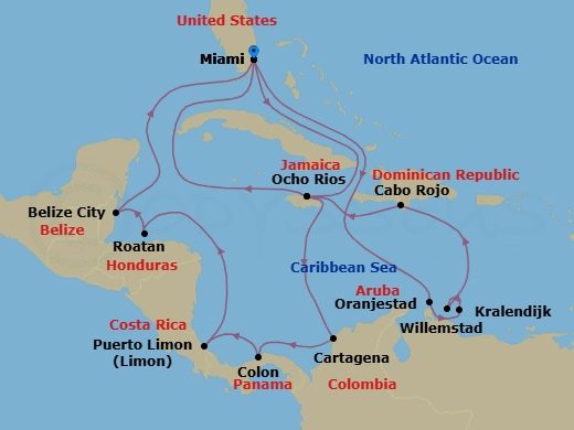 21 Night - Caribbean and Antilles - MSC Poesia - Starting in Miami, Florida, Ocho Rios, Jamaica, Cartagena CO, Colon, Panama, Puerto Limon, Costa Rica, Isla De Roatan, Honduras, Belize City, Belize, Miami, Florida, Oranjestad, Aruba, Kralendijk, Bonaire, Willemstad AN, Cabo Rojo, Dominican Republic, Ocho Rios, Jamaica, Miami, Florida itinerary map