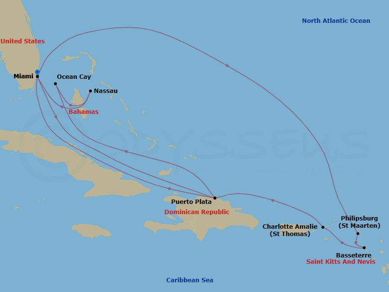 21 Night - Caribbean and Antilles - MSC Poesia - Starting in Miami, Florida, Ocho Rios, Jamaica, Cartagena CO, Colon, Panama, Puerto Limon, Costa Rica, Isla De Roatan, Honduras, Belize City, Belize, Miami, Florida, Kralendijk, Bonaire, Oranjestad, Aruba, Willemstad AN, Cabo Rojo, Dominican Republic, Ocho Rios, Jamaica, Miami, Florida itinerary map