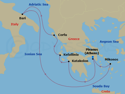 7 Night - Mediterranean - MSC Orchestra - Starting in Piraeus (Athens), Greece, Katakolon (Olympia), Greece, Cefalonia / Argostoli, Greece, Corfu, Greece, Bari, Italy, Mykonos, Greece, Piraeus (Athens), Greece itinerary map