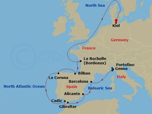 12 Night - Northern Europe - MSC Euribia - Starting in Genoa (Portofino), Italy, Barcelona, Spain, Alicante, Spain, Gibraltar, Cadiz (Seville), Spain, La Coruna (Santiago De Compostela), Spain, Bilbao, Spain, La Rochelle, France, Kiel, Germany itinerary map