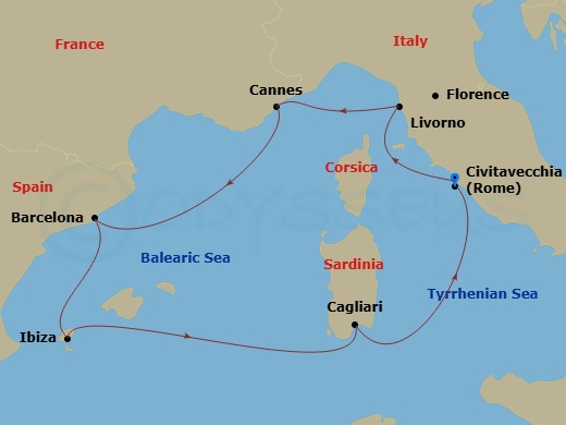 7 Night - Mediterranean - MSC Fantasia - Starting in Civitavecchia (Rome), Italy, Livorno (Florence), Italy, Cannes (Cote D Azur), France, Barcelona, Spain, Ibiza (Balearic Islands), Spain, Cagliari (Sardinia), Italy, Civitavecchia (Rome), Italy itinerary map