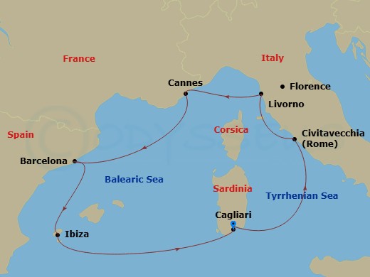 7 Night - Mediterranean - MSC Fantasia - Starting in Cagliari (Sardinia), Italy, Civitavecchia (Rome), Italy, Livorno (Florence), Italy, Cannes (Cote D Azur), France, Barcelona, Spain, Ibiza (Balearic Islands), Spain, Cagliari (Sardinia), Italy itinerary map