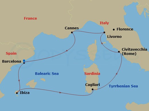 7 Night - Mediterranean - MSC Fantasia - Starting in Barcelona, Spain, Ibiza (Balearic Islands), Spain, Cagliari (Sardinia), Italy, Civitavecchia (Rome), Italy, Livorno (Florence), Italy, Cannes (Cote D Azur), France, Barcelona, Spain itinerary map
