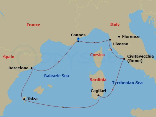 7 Night - Mediterranean - MSC Fantasia - Starting in Cannes (Cote D Azur), France, Barcelona, Spain, Ibiza (Balearic Islands), Spain, Cagliari (Sardinia), Italy, Civitavecchia (Rome), Italy, Livorno (Florence), Italy, Cannes (Cote D Azur), France itinerary map