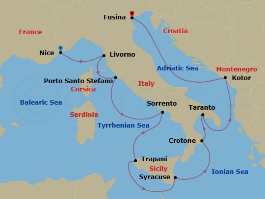 11 Night - Italy Intensive Cruise : Florence, Sorrento & Sicily - Azamara Onward - Starting in Nice, Florence / Pisa (Livorno), Porto Santo Stefano, Sorrento, Trapani, Sicily, Siracusa, Sicily, Crotone, Taranto, Kotor, Venice (Fusina) itinerary map