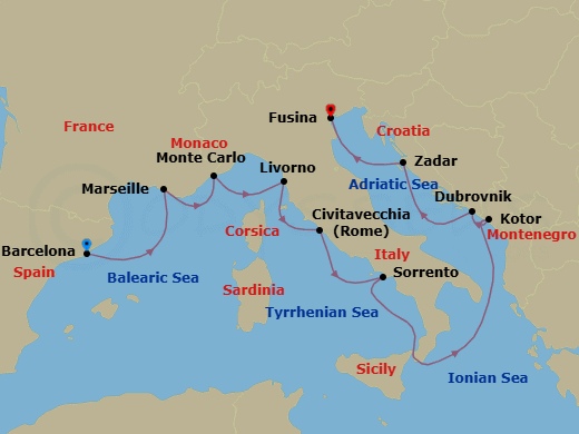 11 Night - Best of the Mediterranean Cruise : Monte Carlo, Florence & Dubrovnik - Azamara Journey - Starting in Barcelona, Provence (Marseille), Monte Carlo, Florence / Pisa (Livorno), Rome (Civitavecchia), Sorrento, Kotor, Dubrovnik, Croatia, Zadar, Venice (Fusina) itinerary map