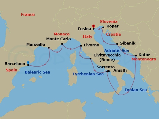 12 Night - Best of the Mediterranean Cruise : Monte Carlo, Florence & Venice - Azamara Onward - Starting in Barcelona, Provence (Marseille), Monte Carlo, Florence / Pisa (Livorno), Rome (Civitavecchia), Sorrento, Amalfi, Kotor, Sibenik, Koper, Venice (Fusina) itinerary map