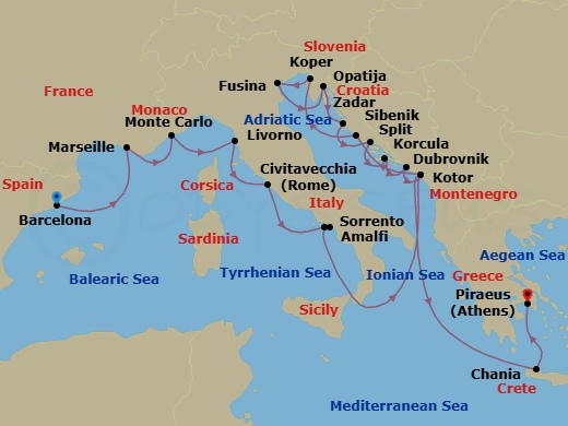 21 Night - France, Italy & Croatia Combination Cruise : Marseille, Sorrento & Split - Azamara Onward - Starting in Barcelona, Provence (Marseille), Monte Carlo, Florence / Pisa (Livorno), Rome (Civitavecchia), Sorrento, Amalfi, Kotor, Sibenik, Koper, Venice (Fusina), Opatija, Zadar, Split, Korcula, Dubrovnik, Croatia, Kotor, Chania, Crete, Athens (Piraeus) itinerary map
