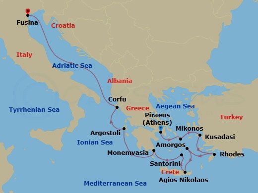 11 Night - Greece Intensive Cruise : Mykonos, Rhodes & Crete - Azamara Onward - Starting in Athens (Piraeus), Mykonos, Ephesus (Kusadasi), Rhodes, Amorgos, Agios Nikolaos, (Crete), Santorini, Monemvasia, Argostoli, Corfu, Venice (Fusina) itinerary map