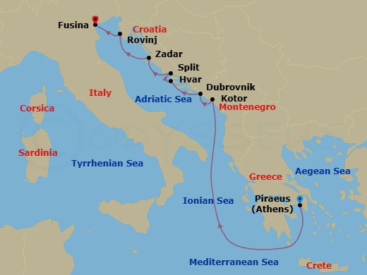 8 Night - Croatia Intensive Cruise : Dubrovnik, Split & Zadar - Azamara Onward - Starting in Athens (Piraeus), Kotor, Dubrovnik, Croatia, Hvar, Split, Zadar, Rovinj (Istria), Venice (Fusina) itinerary map