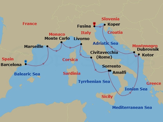11 Night - Best of the Mediterranean Cruise : Monte Carlo, Amalfi & Venice - Azamara Journey - Starting in Barcelona, Provence (Marseille), Monte Carlo, Florence / Pisa (Livorno), Rome (Civitavecchia), Sorrento, Amalfi, Kotor, Dubrovnik, Croatia, Koper, Venice (Fusina) itinerary map