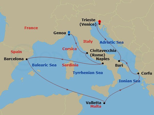 10 Night - Mediterranean - MSC Fantasia - Starting in Genoa (Portofino), Italy, Civitavecchia (Rome), Italy, Naples (Pompeii), Italy, Barcelona, Spain, La Valletta, Malta, Corfu, Greece, Bari, Italy, Trieste (Venice), Italy itinerary map