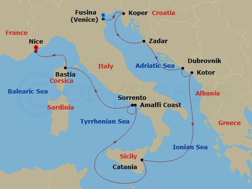 10 Night - Croatia & Italy Cruise : Zadar, Amalfi & Sorrento - Azamara Quest - Starting in Venice (Fusina), Koper, Zadar, Dubrovnik, Croatia, Kotor, Catania, (Sicily), Amalfi, Sorrento, Bastia, Corsica, Nice itinerary map