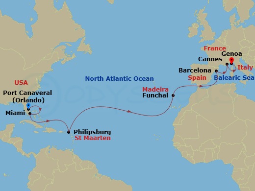 16 Night - Msc Grand Voyages - MSC Grandiosa - Starting in Port Canaveral (Orlando), Florida, Miami, Florida, Philipsburg, St Maarten, Funchal (Madeira Islands), Portugal, Barcelona, Spain, Cannes (Cote D Azur), France, Genoa (Portofino), Italy itinerary map