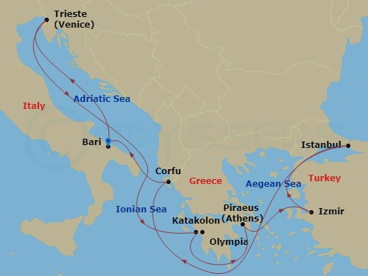 9 Night - Mediterranean - MSC Fantasia - Starting in Bari, Italy, Trieste (Venice), Italy, Katakolon (Olympia), Greece, Piraeus (Athens), Greece, Izmir (Ephesus), Turkey, Istanbul, Turkey, Corfu, Greece, Bari, Italy itinerary map