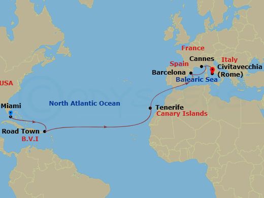 15 Night - Msc Grand Voyages - MSC Divina - Starting in Miami, Florida, Road Town (Tortola), British Virgin Islands, Santa Cruz de Tenerife, Barcelona, Spain, Cannes (Cote D Azur), France, Civitavecchia (Rome), Italy itinerary map