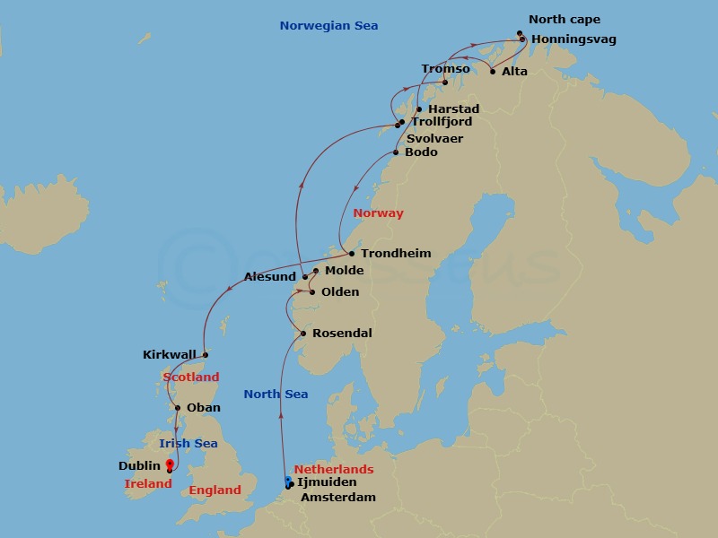 18 Night - Norway Intensive Cruise : Olden, Trondheim & North Cape - Azamara Quest - Starting in Amsterdam (Ijmuiden), Rosendal, Olden, Molde, Alesund, Svolvaer, Lofoten, Trollfjord (Cruising), Tromso, Honningsvag, North Cape (Cruising), Alta, Harstad, Bodo, Trondheim, Kirkwall, Orkney Islands, Scotland, Oban UK, Scotland, Dublin itinerary map