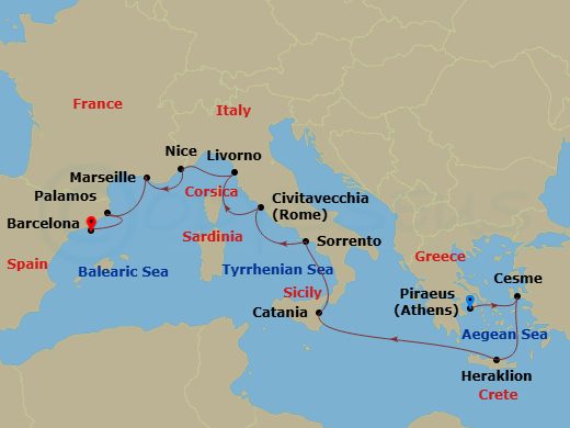 11 Night - Best of the Mediterranean Cruise : Crete, Sicily & Florence - Azamara Journey - Starting in Athens (Piraeus), Cesme, Heraklion, (Crete), Catania, (Sicily), Sorrento, Rome (Civitavecchia), Florence / Pisa (Livorno), Nice, Provence (Marseille), Palamos, Barcelona itinerary map
