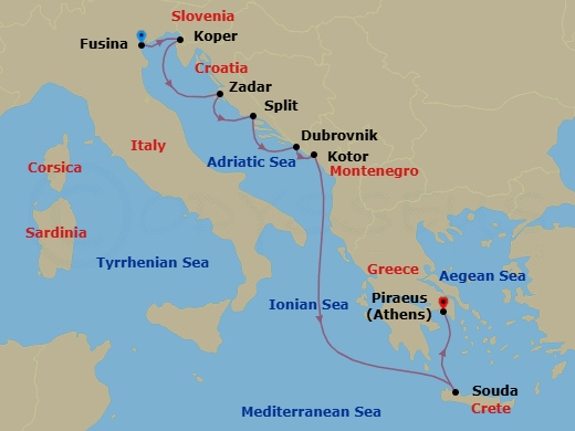 9 Night - Croatia, Montenegro & Greece Cruise : Dubrovnik, Kotor & Athens - Azamara Onward - Starting in Venice (Fusina), Koper, Zadar, Split, Dubrovnik, Croatia, Kotor, Chania (Souda), Crete, Athens (Piraeus) itinerary map