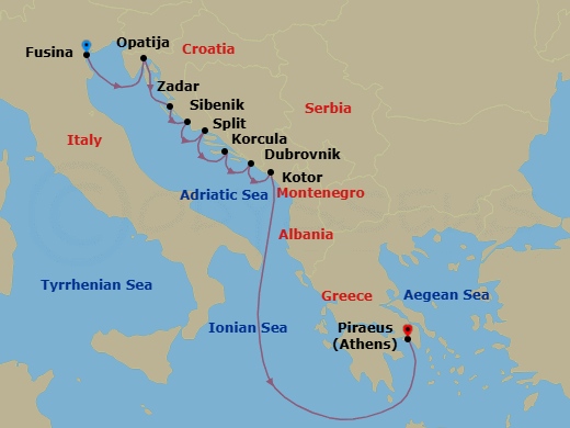 9 Night - Croatia Intensive Cruise : Zadar, Split & Dubrovnik - Azamara Onward - Starting in Venice (Fusina), Opatija, Zadar, Sibenik, Split, Korcula, Dubrovnik, Croatia, Kotor, Athens (Piraeus) itinerary map