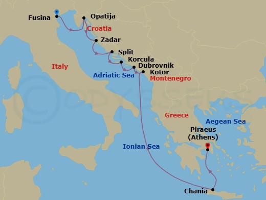 9 Night - Croatia Intensive Cruise : Zadar, Split & Dubrovnik - Azamara Onward - Starting in Venice (Fusina), Opatija, Zadar, Split, Korcula, Dubrovnik, Croatia, Kotor, Chania, Crete, Athens (Piraeus) itinerary map