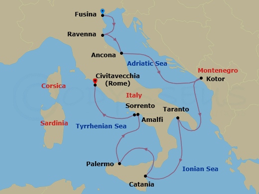 10 Night - Italy Intensive Cruise : Venice, Sicily & Amalfi - Azamara Journey - Starting in Venice (Fusina), Bologna (Ravenna), Ancona, Kotor, Taranto, Catania, (Sicily), Sicily (Palermo), Amalfi, Sorrento, Rome (Civitavecchia) itinerary map