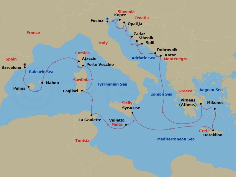 21 Night - Italy, Croatia & Spain Combination Cruise : Venice, Split & Majorca - Azamara Journey - Starting in Venice (Fusina), Koper, Opatija, Zadar, Split, Sibenik, Dubrovnik, Croatia, Kotor, Athens (Piraeus), Mykonos, Heraklion, (Crete), Siracusa, Sicily, Valletta, La Goulette, Cagliari, Sardinia, Porto Vecchio, Corsica, Ajaccio, Corsica, Mahon, Menorca, Palma, Majorca, Barcelona itinerary map