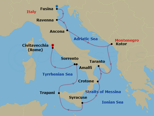 11 Night - Italy Intensive Cruise : Bologna, Sicily & Amalfi - Azamara Onward - Starting in Venice (Fusina), Bologna (Ravenna), Ancona, Kotor, Taranto, Crotone, Siracusa, Sicily, Trapani, Sicily, Amalfi, Sorrento, Rome (Civitavecchia) itinerary map