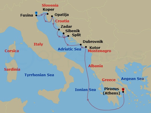 9 Night - Croatia Intensive Cruise : Zadar, Split & Dubrovnik - Azamara Journey - Starting in Venice (Fusina), Koper, Opatija, Zadar, Split, Sibenik, Dubrovnik, Croatia, Kotor, Athens (Piraeus) itinerary map