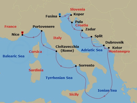11 Night - Italy & Croatia Cruise : Venice, Dubrovnik & Rome - Azamara Onward - Starting in Venice (Fusina), Koper, Pula, Zadar, Split, Dubrovnik, Croatia, Kotor, Sorrento, Rome (Civitavecchia), Porto Venere, Nice itinerary map