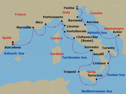 18 Night - Italy Intensive Combination Cruise : Taranto, Amalfi & Sorrento - Azamara Onward - Starting in Venice (Fusina), Bologna (Ravenna), Ancona, Kotor, Taranto, Crotone, Siracusa, Sicily, Trapani, Sicily, Amalfi, Sorrento, Rome (Civitavecchia), Portoferraio (Elba), Florence / Pisa (Livorno), Porto Venere, Nice, Provence (Marseille), Barcelona itinerary map